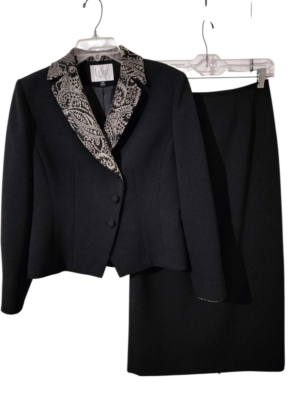 6232)Le Suit Petite 4P Two Piece Paisley Lapels Skirt Set Career Business Formal